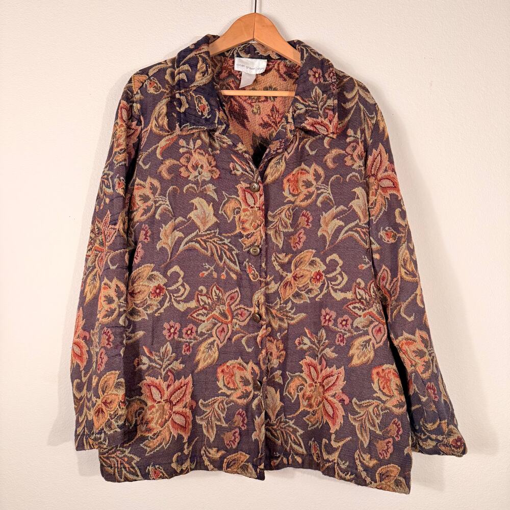 Susan Graver Style Floral Tapestry Jacket Purple Button Front Boho